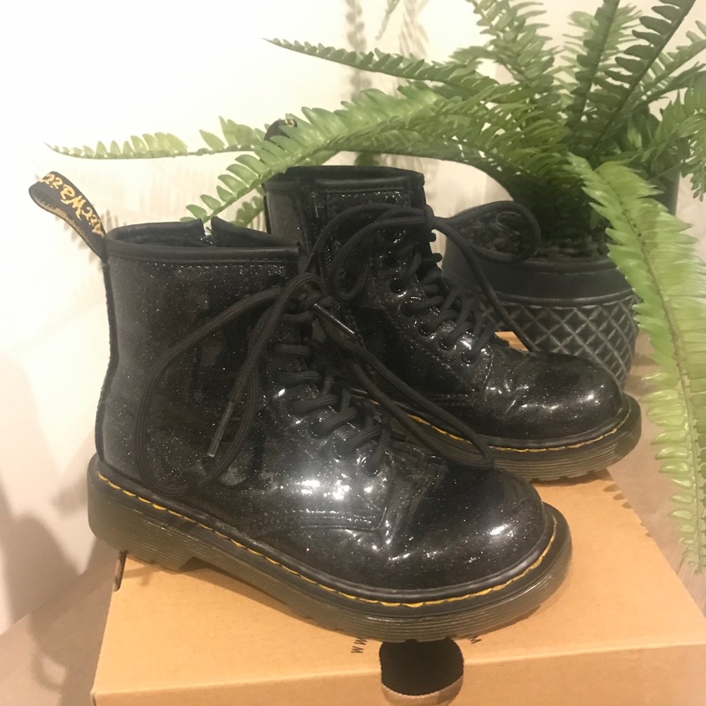 Dr. Martens Black coated glitter combat boots 12